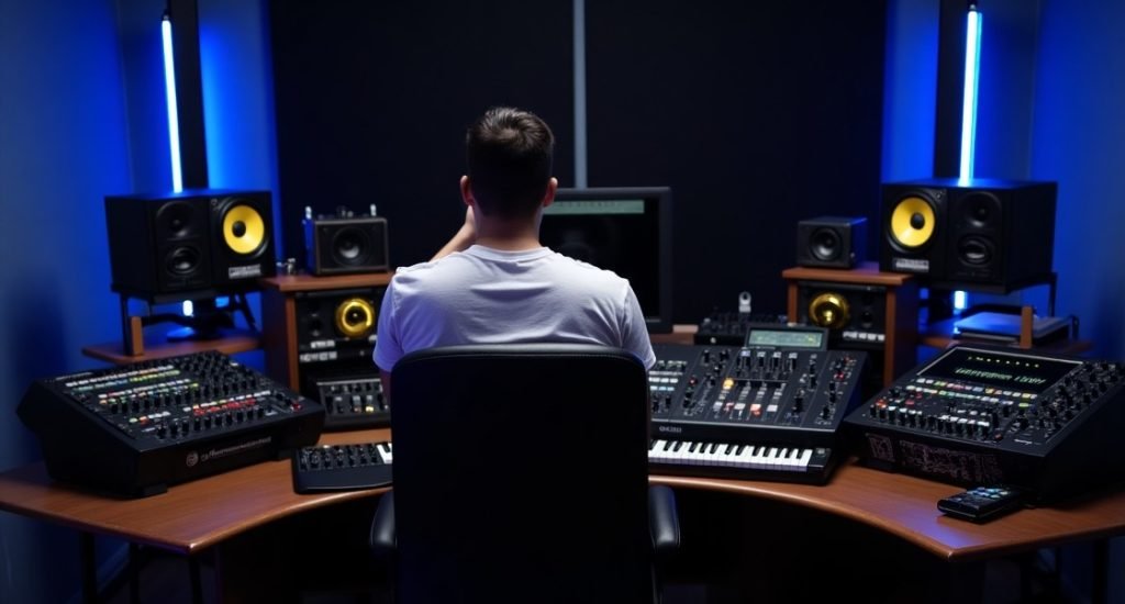 Flux_Dev_Image_is_a_candid_photograph_of_a_recording_studio_se_0